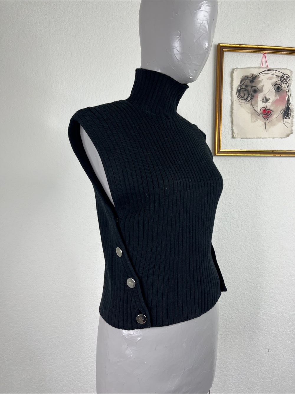 A.P.C. Peige Ribbed Knit Turtleneck Elongated Arm Branded Button Top Sweater